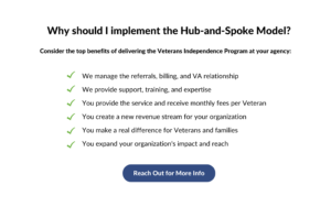 Why Should I implement the hub and spoke model? Consider the top benefits of delivering the Veterans Independence Program at your agency: We manage the referrals, billing, and VA relationship We provide support, training, and expertise You provide the service and receive monthly fees per Veteran You create a new revenue stream for your organization You make a real difference for Veterans and families You expand your organization's impact and reach