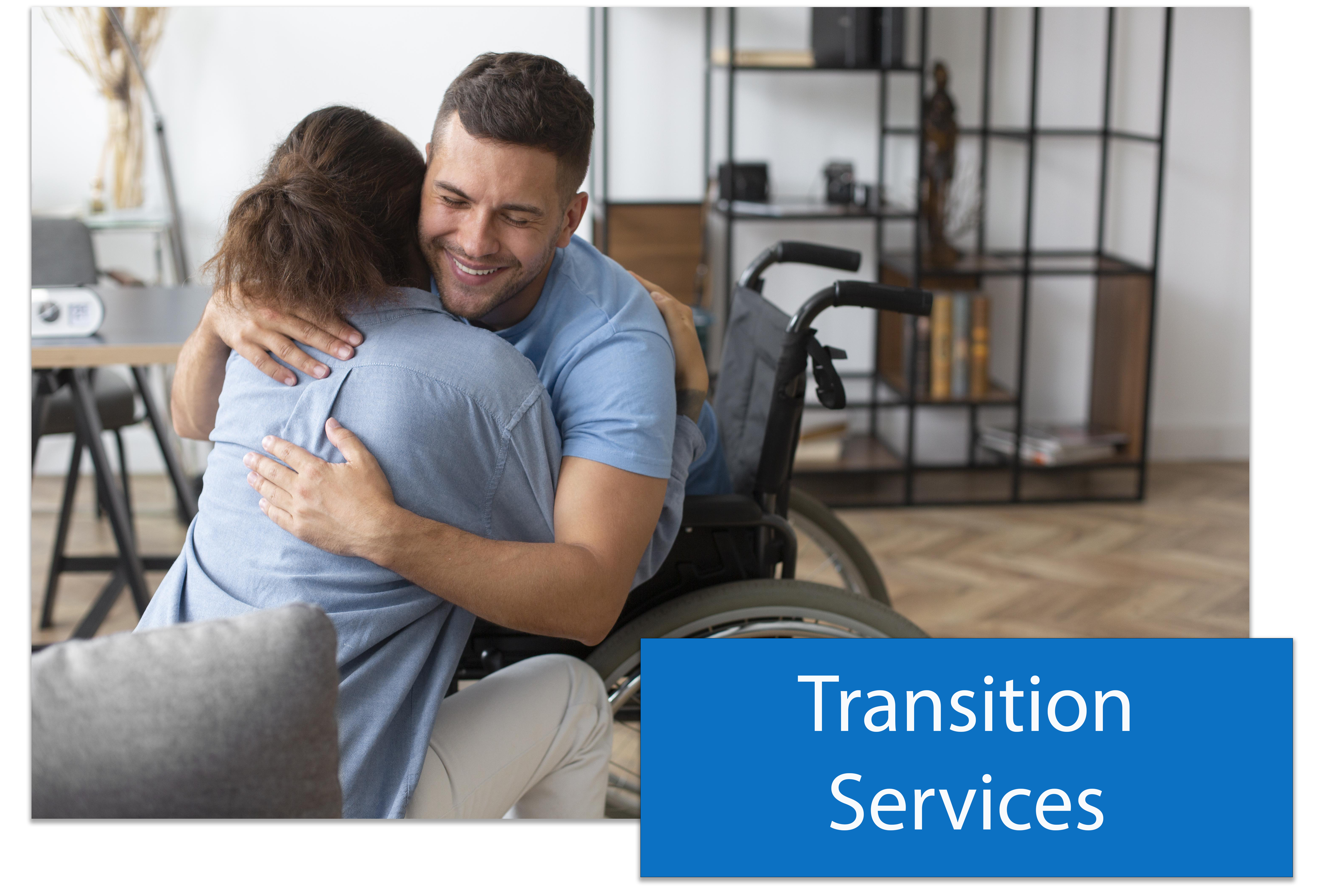 This is a button that says Transition Services, placed on top of an image of a man in a wheelchair hugging a woman sitting on a couch. 